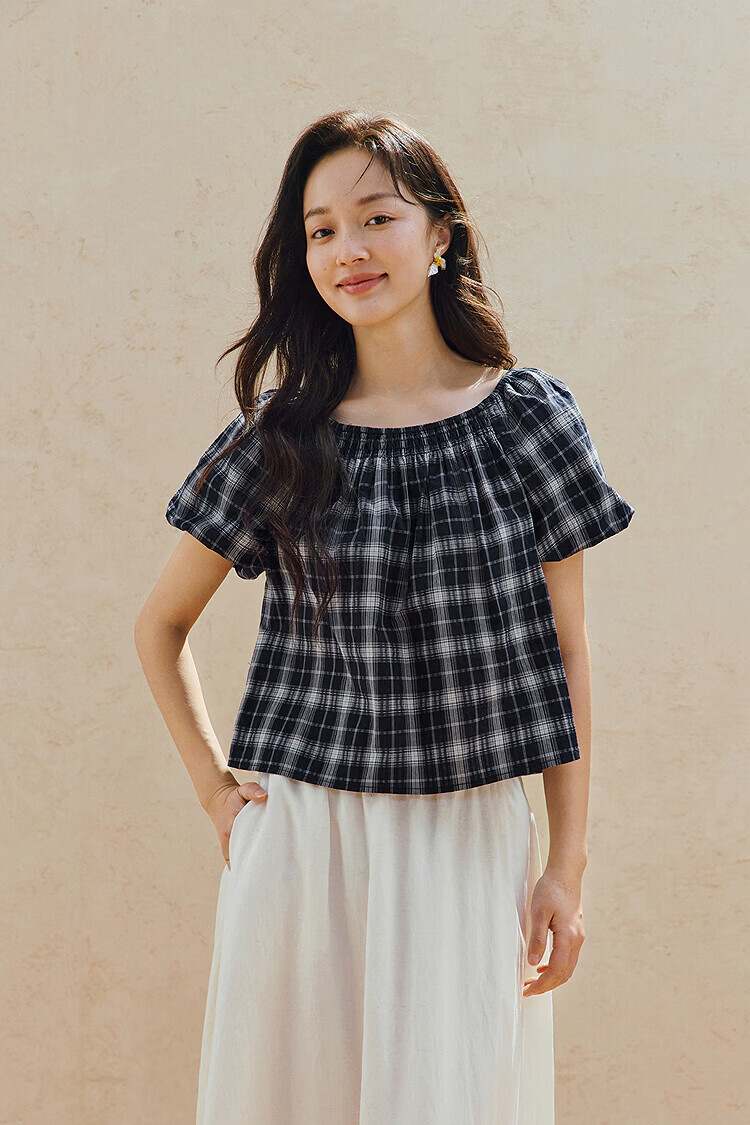 INMAN 100% Xinjiang Cotton Vintage Plaid Lantern Sleeve Shirt 2026 Summer Women's Off-Shoulder Top 2